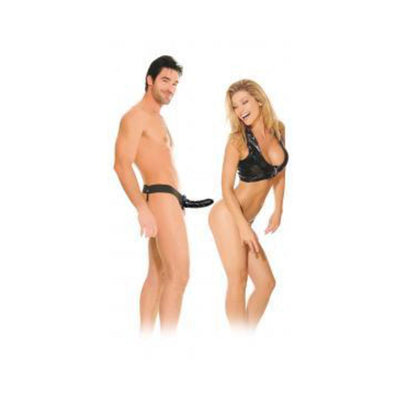 Couple wearing a hollow strap-on harness, smiling and posing against a white background.