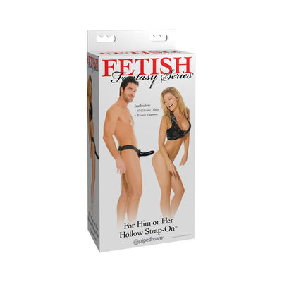 Packaging of Fetish Fantasy Series Him or Her Hollow Strap-On featuring a man and woman modeling the product with included 6-inch dildo and harness.