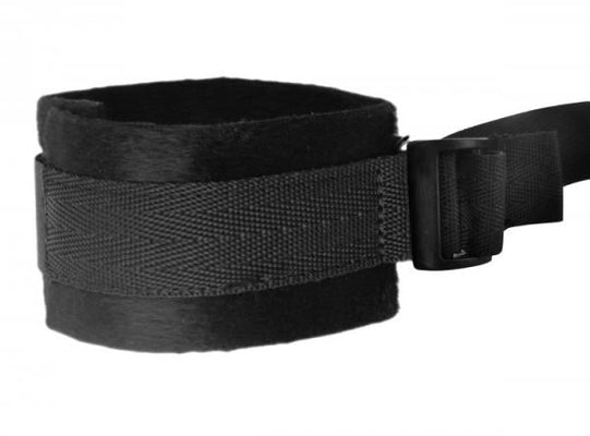 Black adjustable restraint cuff with soft faux fur lining and heavy-duty Velcro closure.
