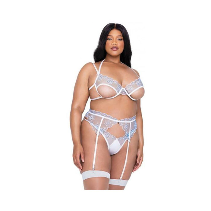 Holiday Snow Queen Metallic Snowflake Embroidered Bra & High Waisted Thong Blue/white 1x - SexToy.com
