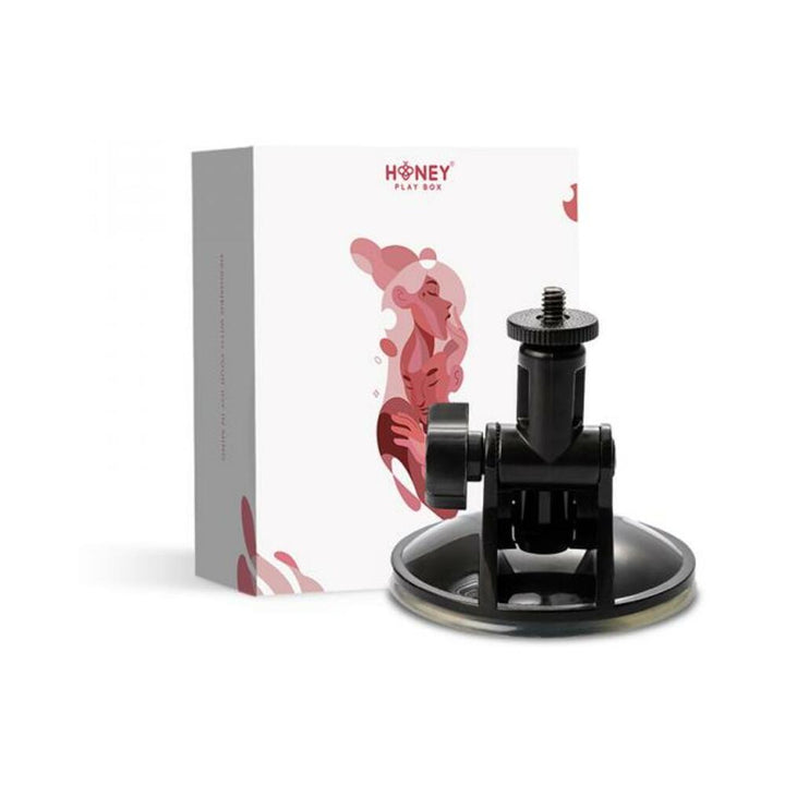 Adjustable black suction cup mount with screw attachment and Honey Play Box packaging in the background.