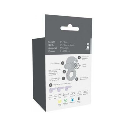 Packaging of the Hopping Hare Rabbit Cock Ring by Linx showing product features and specifications in gray and white design.