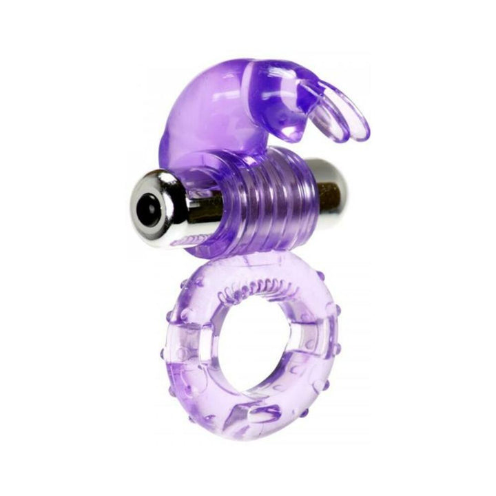 Purple translucent vibrating rabbit cock ring with textured band and dual stimulation ears.