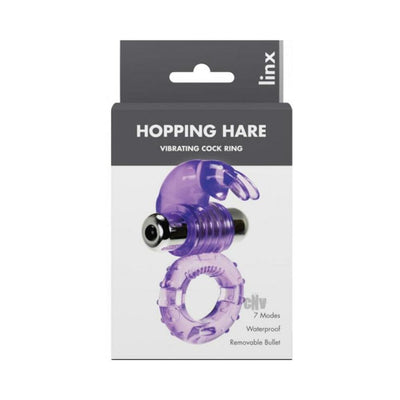 Purple Linx Hopping Hare vibrating cock ring with textured design and removable bullet, packaged in branded box.