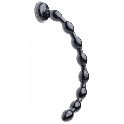 Black 19-inch flexible beaded anal toy with suction cup base for hands-free use on flat surfaces.