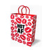 White gift bag with red lip prints and bold black "HOT AF" text, featuring red handles.