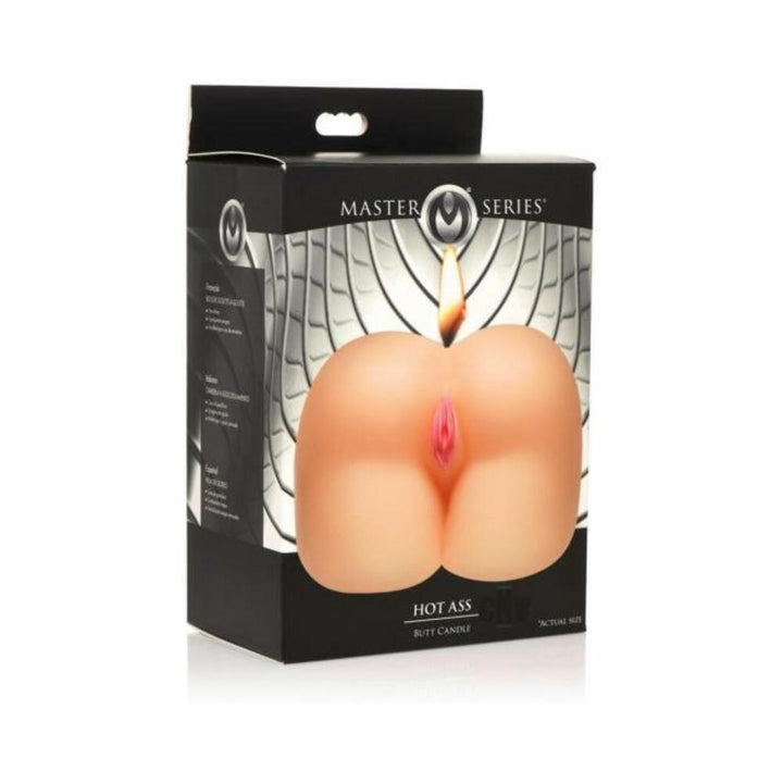 Packaging of a light skin-toned Hot Ass Butt Candle shaped like a woman's lower body with a lit wick on top.