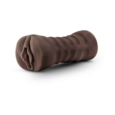 Chocolate-colored textured male masturbator sleeve with a realistic design and ergonomic grip.