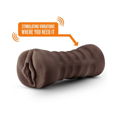Chocolate-colored textured male stroker with vibrating feature for enhanced stimulation.