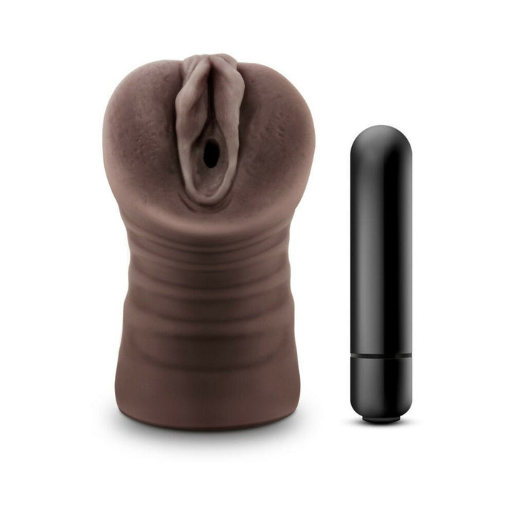 Chocolate-colored realistic stroker with textured grip and a separate black multi-speed vibrating bullet.