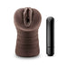 Chocolate-colored realistic stroker with textured grip and a separate black multi-speed vibrating bullet.