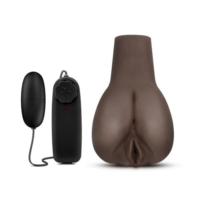 Realistic dark brown handheld male stroker with wired black remote control for adjustable vibrations.