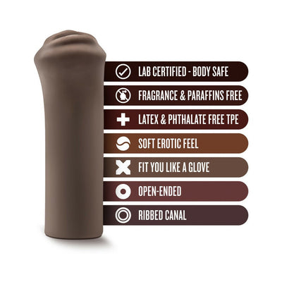 Blush Hot Chocolate Naughty Nicole Stroker in brown with key features listed including body safe, fragrance free, latex free, soft feel, glove fit, open-ended, and ribbed canal.