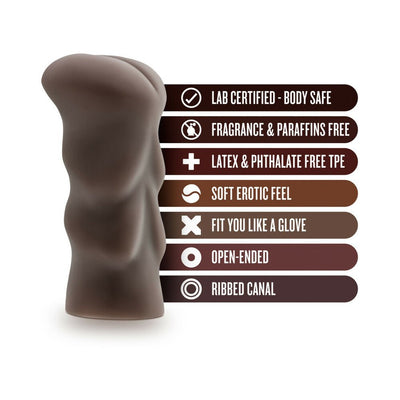 Chocolate-colored soft stroker with ribbed canal and key features listed including body safe, latex free, open-ended design.