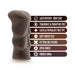 Chocolate-colored soft stroker with ribbed canal and key features listed including body safe, latex free, open-ended design.