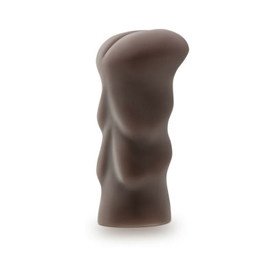 Chocolate-colored textured silicone stroker with ergonomic curves and open-ended design for easy cleaning.