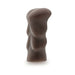 Chocolate-colored textured silicone stroker with ergonomic curves and open-ended design for easy cleaning.