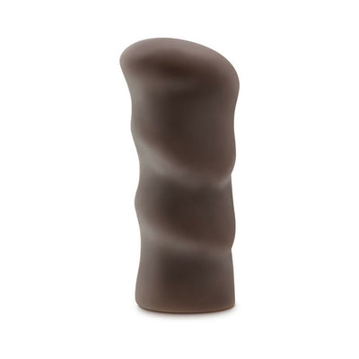 Chocolate-colored flexible stroker with a contoured, textured design for enhanced sensation.