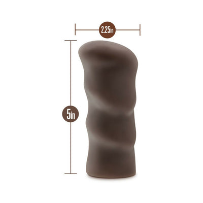 Chocolate-colored flexible stroker measuring 5 inches tall and 2.25 inches wide with a textured surface.