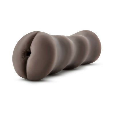 Chocolate-colored flexible stroker with realistic texture and tight opening, designed for personal pleasure.