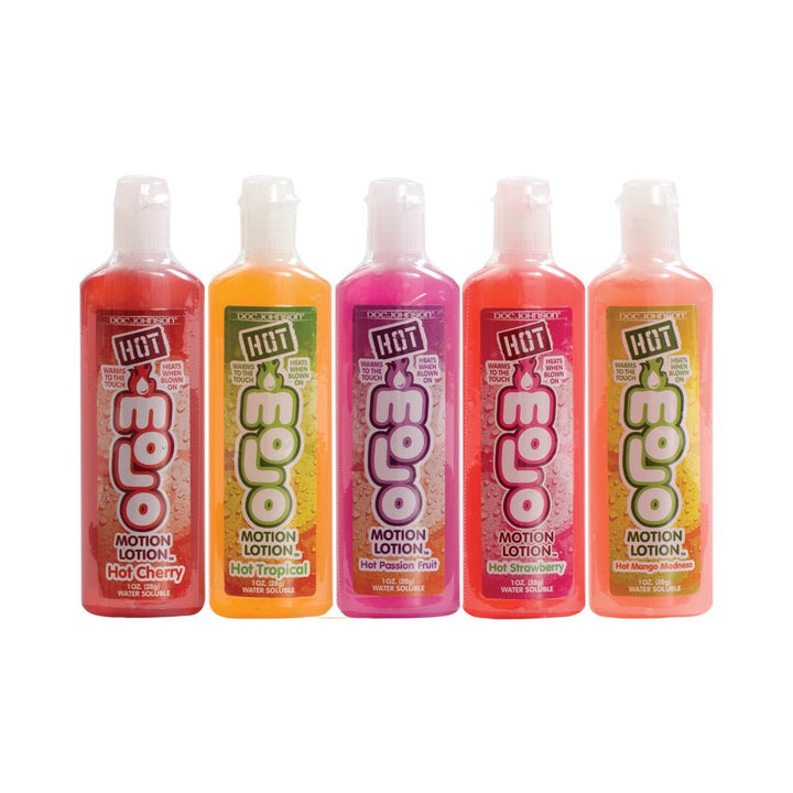 Five 1oz bottles of Hot Motion Lotion warming lubricant in assorted flavors including cherry, tropical, passion fruit, strawberry, and mango.