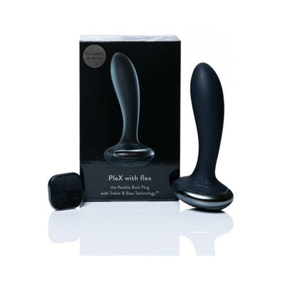 Black Hot Octopuss Plex With Flex flexible vibrating plug with remote and packaging on white background.