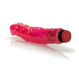 Hot pink 8-inch flexible jelly vibrator with multi-speed dial base and glitter design.