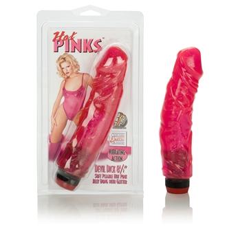 Hot pink 8-inch jelly vibrator with glitter, flexible shaft, and multi-speed dial base in clear packaging.