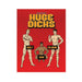 Cover of Huge Dicks adult coloring book featuring three illustrated nude men with black censor bars on a red background.