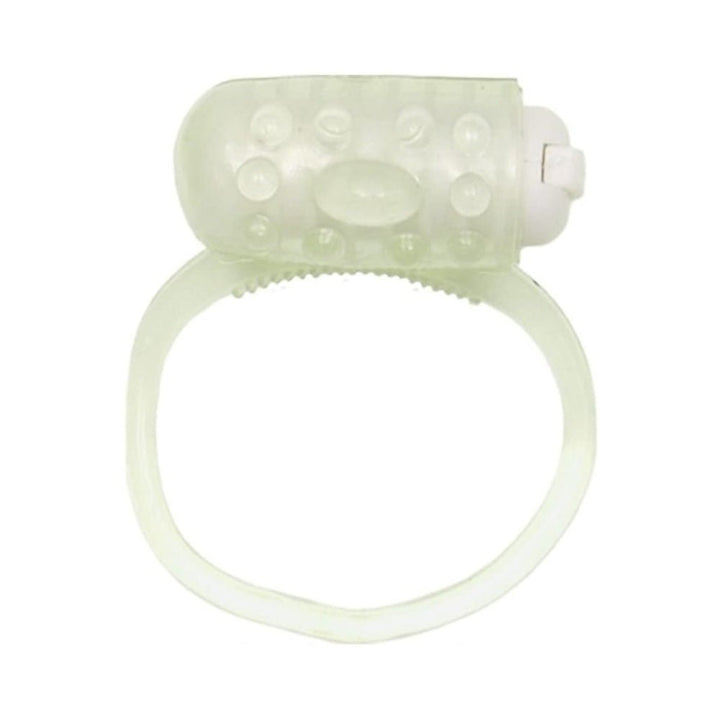 Glow-in-the-dark dual vibrating silicone cockring with textured surface and removable bullet vibrator.