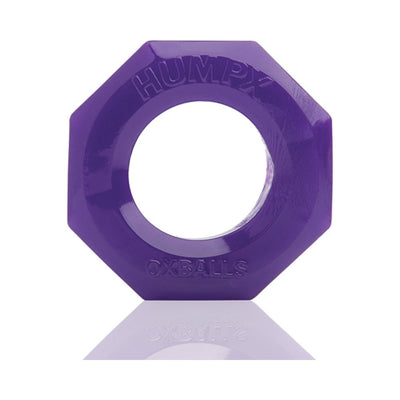 Purple octagonal Humpx cockring made from flexible material with embossed branding on a reflective surface.