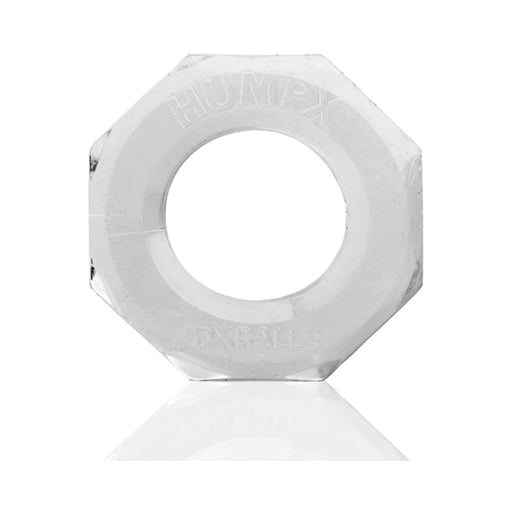 Clear octagonal Humpx cockring made from flexible material with embossed branding, shown on a reflective surface.