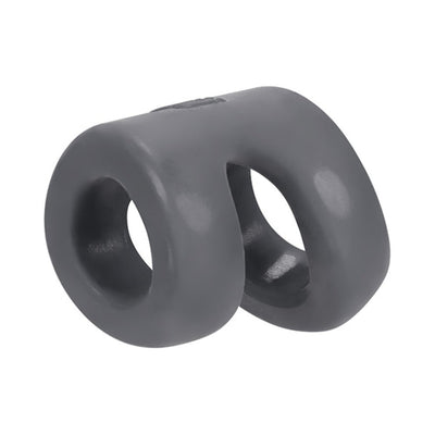 Stone gray dual-ring cock and ball tugger made of smooth, stretchy silicone and TPR blend.