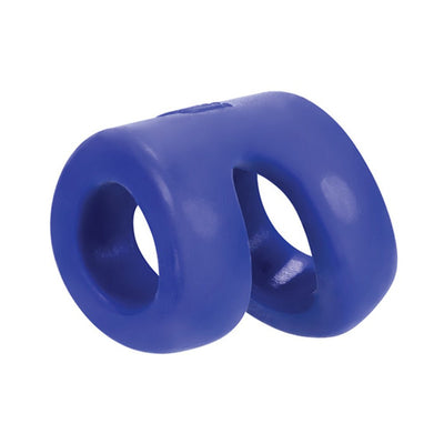 Blue flexible double ring cock and ball tugger made of soft rubbery material for comfortable wear and tugging.