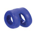 Blue flexible double ring cock and ball tugger made of soft rubbery material for comfortable wear and tugging.