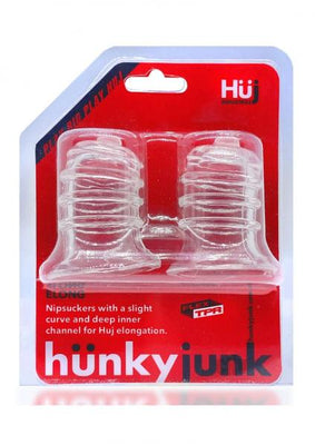 Clear Hunky Junk Elong nipple suckers with springy rings in red packaging for enhanced suction and comfortable fit.