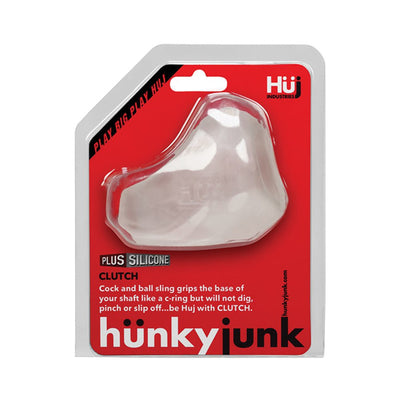 Hunkyjunk Clutch Cock & Ball Sling in clear silicone packaging with red and black branding from Huj Industries.