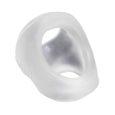 Clear silicone cock and ball sling with thick supportive walls and ergonomic design for comfort and fit.
