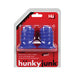 Pair of cobalt blue Hunkyjunk ELONG nip-suckers in clear plastic packaging with red backing.