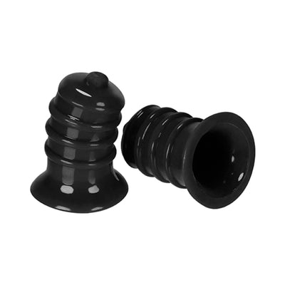 Pair of black Hunkyjunk Elong wide base nipsuckers with ribbed design and flared edges for secure suction.