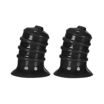Pair of black Hunkyjunk Elong wide base nipsuckers with ribbed design and flared bases for secure fit.