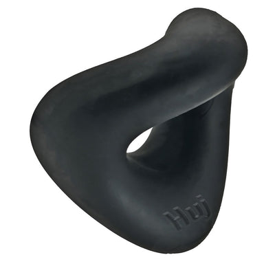 Black triangular soft silicone blend cockring with a smooth matte finish and embossed logo detail.
