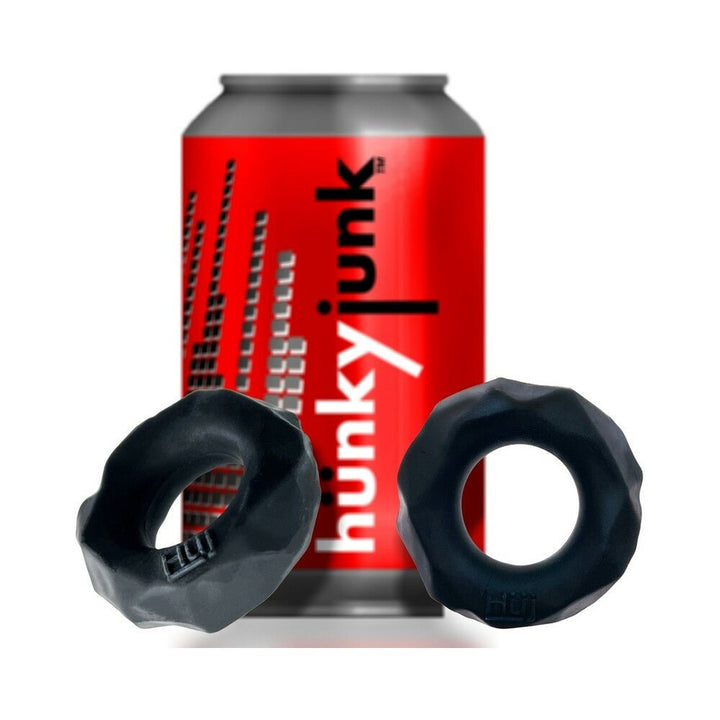 Two black textured Hunkyjunk Fractal tactile cockrings displayed in front of a red Hunkyjunk branded can.