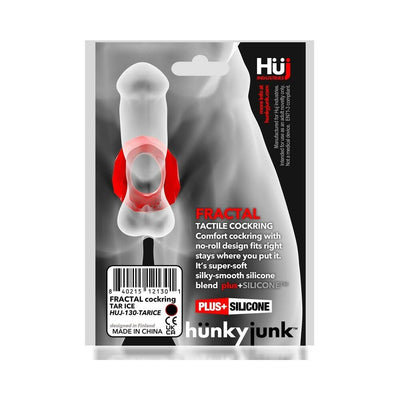 Packaging of Hunkyjunk Fractal Tactile Cockring showing product features and a red ring illustration on a grayscale torso background.