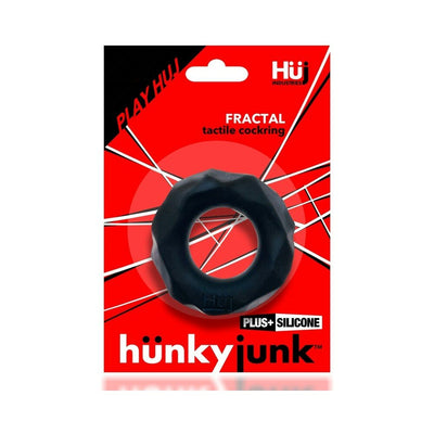 Hunkyjunk Fractal tactile cockring in black with a textured design on red and black branded packaging.