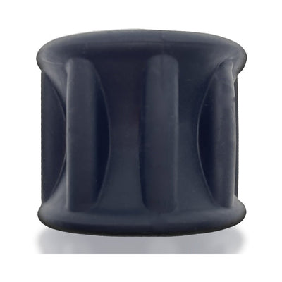 Black soft silicone and TPR ballstretcher with eight raised ribs and a wide rim for comfort and stretch.