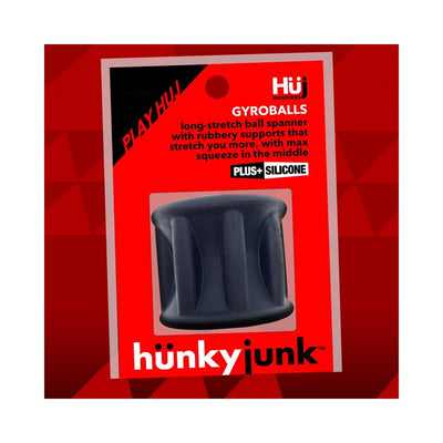 Hunkyjunk Gyroball black stretchy ballstretcher with ribbed design in red branded packaging.