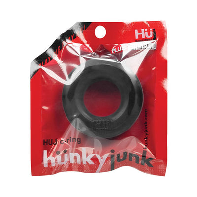 Hunkyjunk Huj black silicone cock ring in red and clear resealable packaging
