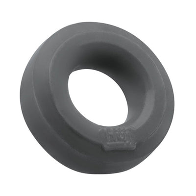 Gray silicone Hunkyjunk HUJ cock ring with a smooth, rounded design and subtle logo detail.