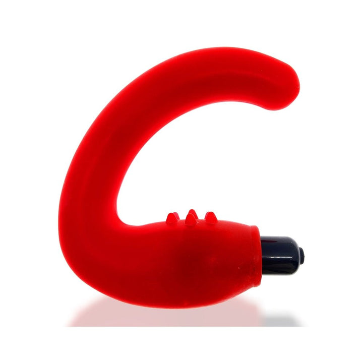 Red curved prostate massager with textured base and black removable bullet vibrator on white background.